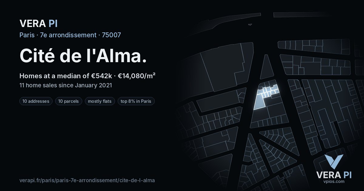 Cité de l'Alma, 7e arrondissement at night – every parcel coloured by the prices around it, the street's own parcels lit