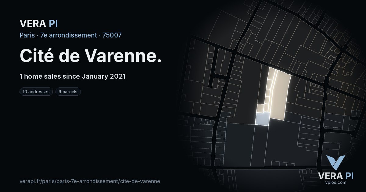 Cité de Varenne, 7e arrondissement at night – every parcel coloured by the prices around it, the street's own parcels lit