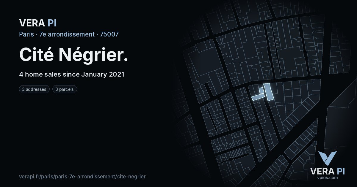 Cité Négrier, 7e arrondissement at night – every parcel coloured by the prices around it, the street's own parcels lit