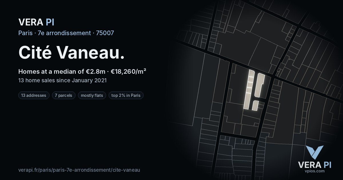 Cité Vaneau, 7e arrondissement at night – every parcel coloured by the prices around it, the street's own parcels lit