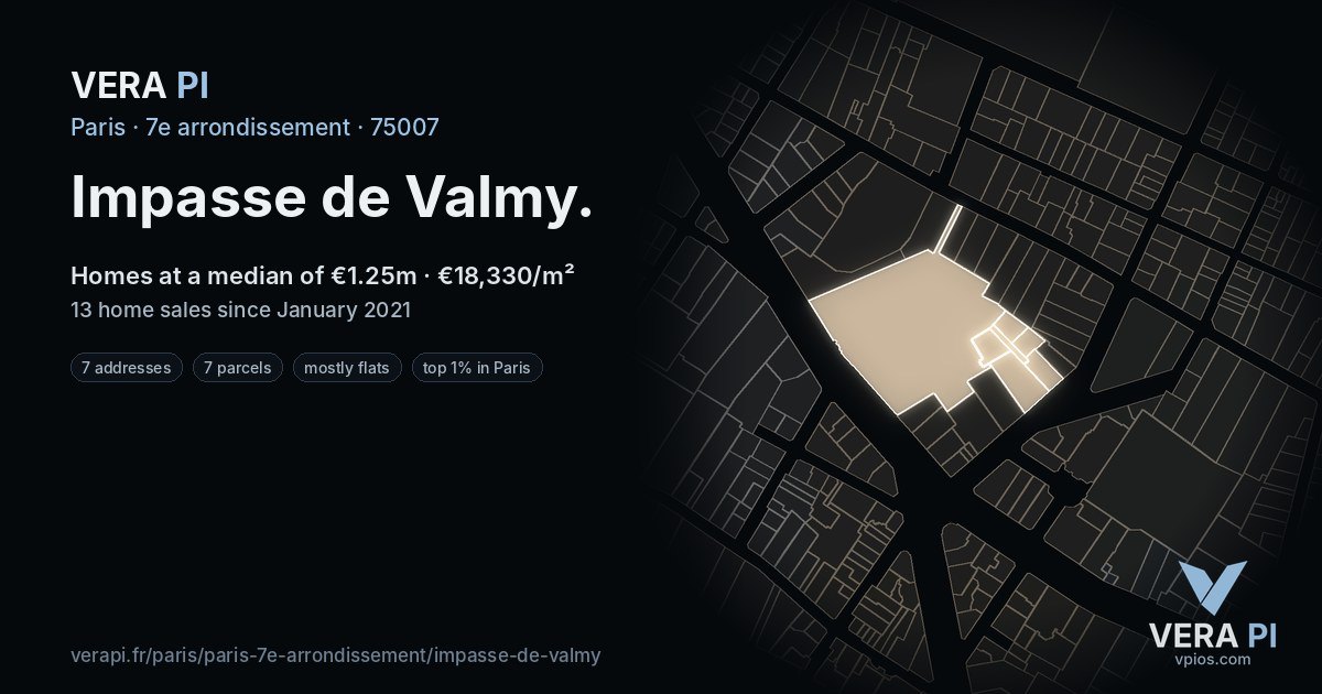 Impasse de Valmy, 7e arrondissement at night – every parcel coloured by the prices around it, the street's own parcels lit
