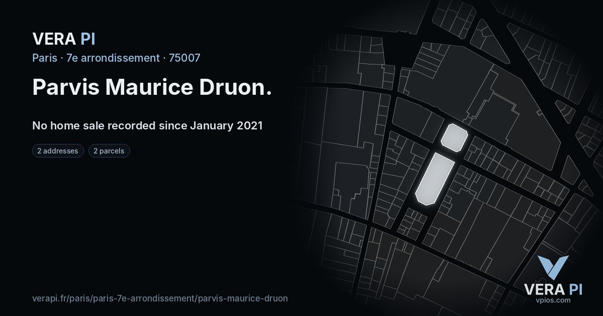 Parvis Maurice Druon, 7e arrondissement at night – every parcel coloured by the prices around it, the street's own parcels lit