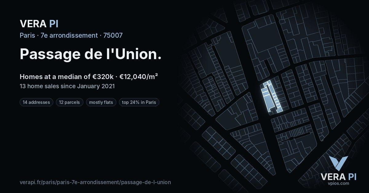 Passage de l'Union, 7e arrondissement at night – every parcel coloured by the prices around it, the street's own parcels lit