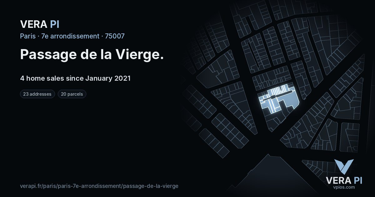 Passage de la Vierge, 7e arrondissement at night – every parcel coloured by the prices around it, the street's own parcels lit