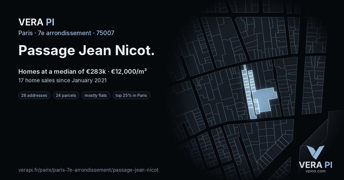 Passage Jean Nicot, 7e arrondissement at night – every parcel coloured by the prices around it, the street's own parcels lit