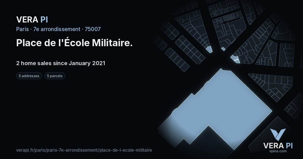 Place de l'École Militaire, 7e arrondissement at night – every parcel coloured by the prices around it, the street's own parcels lit