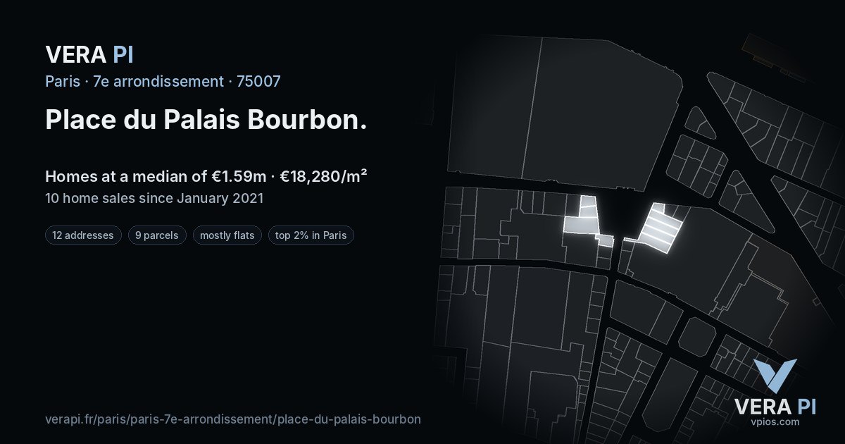 Place du Palais Bourbon, 7e arrondissement at night – every parcel coloured by the prices around it, the street's own parcels lit