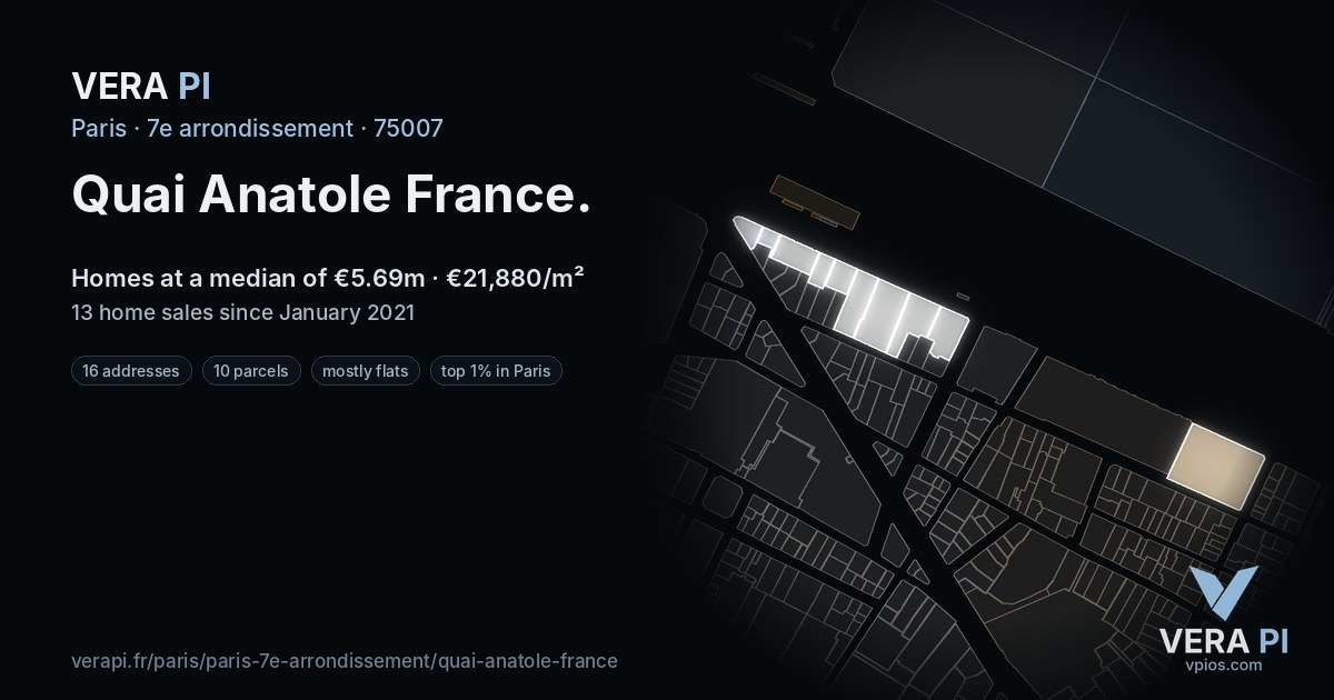 Quai Anatole France, 7e arrondissement at night – every parcel coloured by the prices around it, the street's own parcels lit