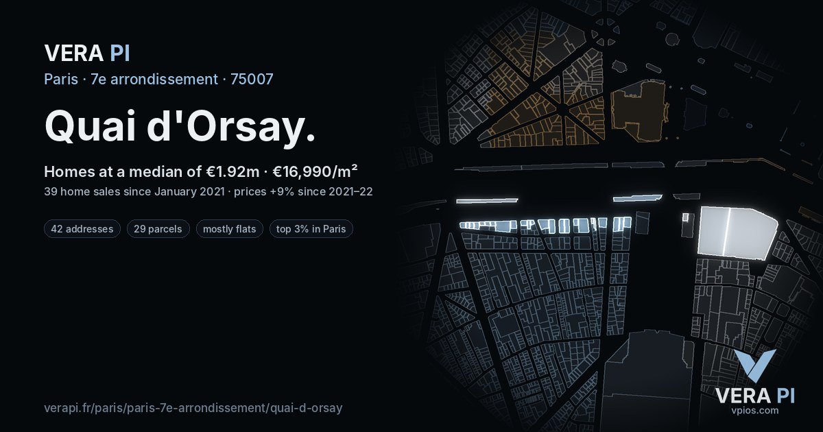 Quai d'Orsay, 7e arrondissement at night – every parcel coloured by the prices around it, the street's own parcels lit