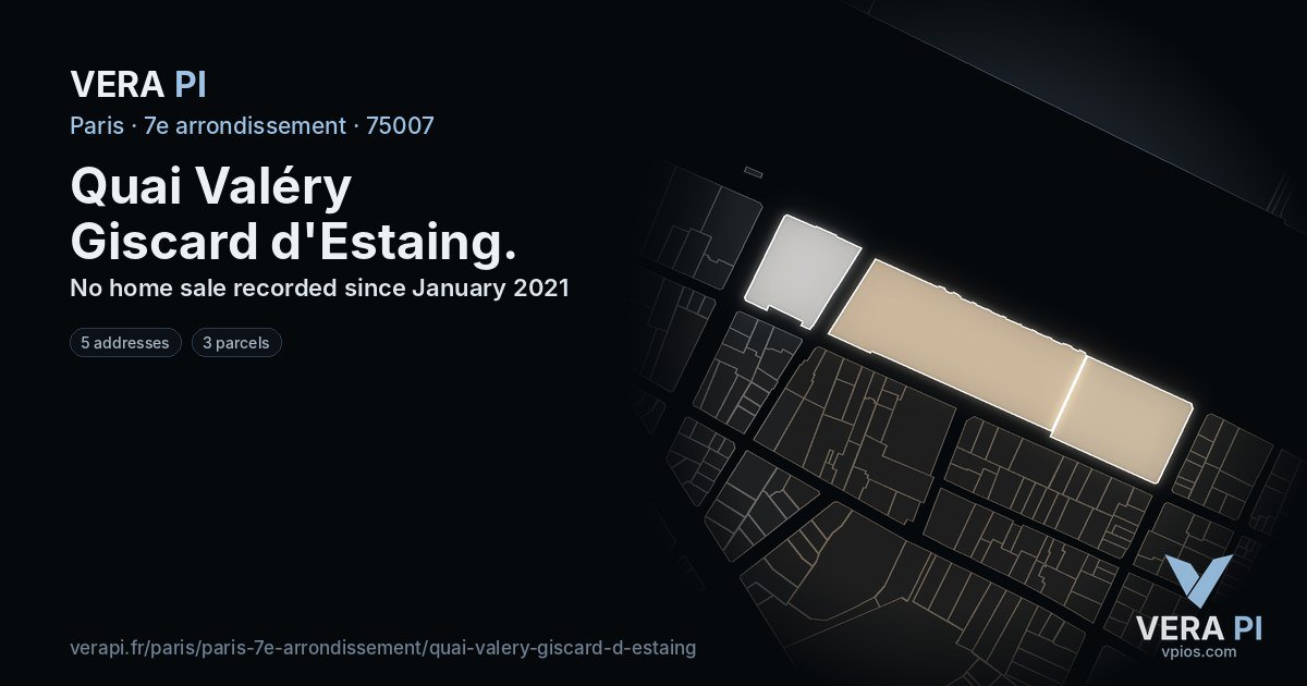 Quai Valéry Giscard d'Estaing, 7e arrondissement at night – every parcel coloured by the prices around it, the street's own parcels lit