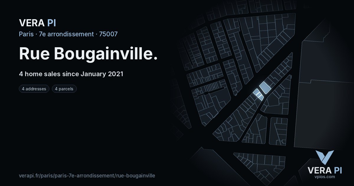 Rue Bougainville, 7e arrondissement at night – every parcel coloured by the prices around it, the street's own parcels lit