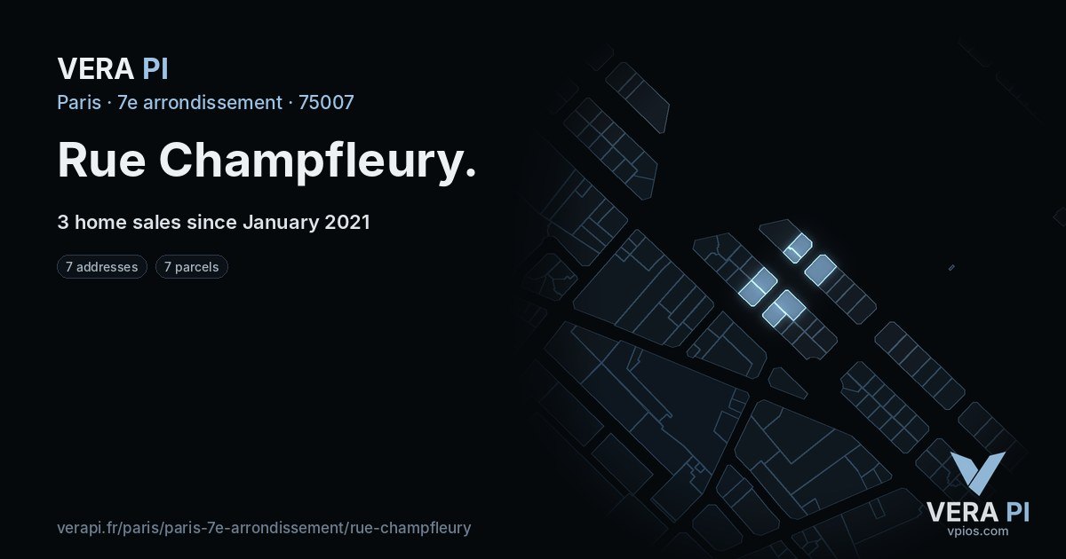 Rue Champfleury, 7e arrondissement at night – every parcel coloured by the prices around it, the street's own parcels lit