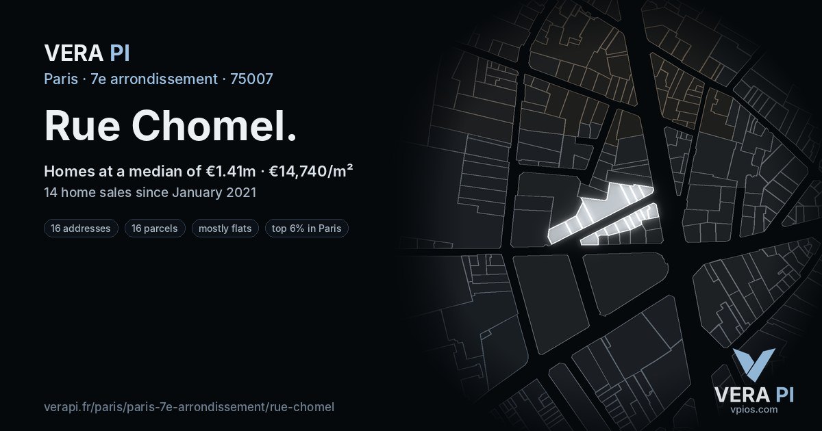 Rue Chomel, 7e arrondissement at night – every parcel coloured by the prices around it, the street's own parcels lit