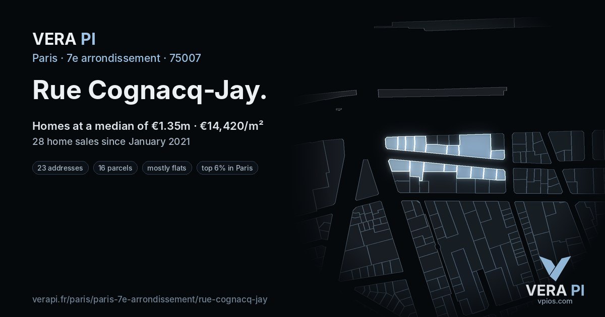 Rue Cognacq-Jay, 7e arrondissement at night – every parcel coloured by the prices around it, the street's own parcels lit