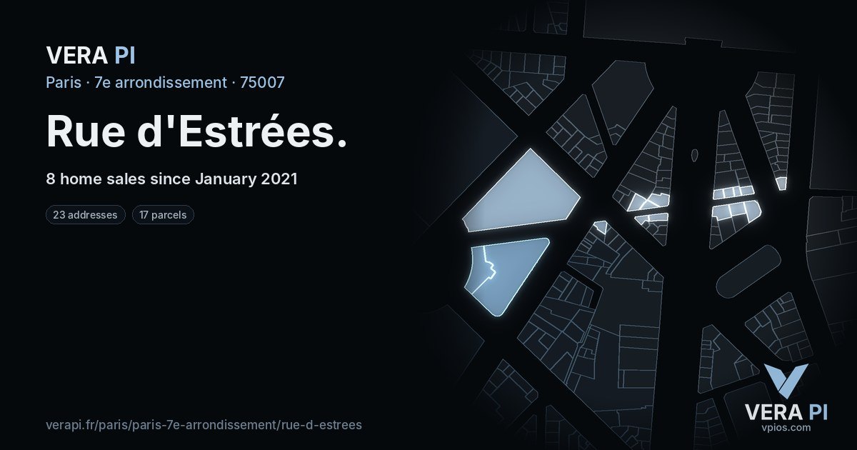 Rue d'Estrées, 7e arrondissement at night – every parcel coloured by the prices around it, the street's own parcels lit