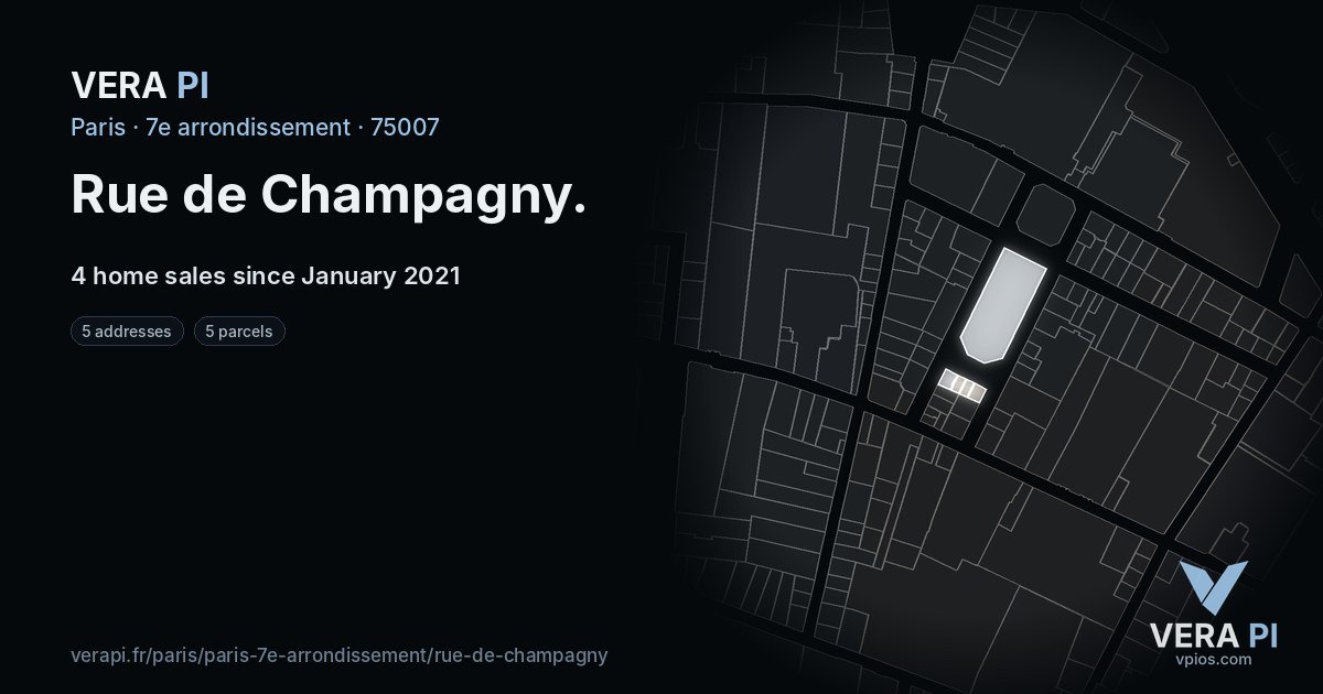Rue de Champagny, 7e arrondissement at night – every parcel coloured by the prices around it, the street's own parcels lit