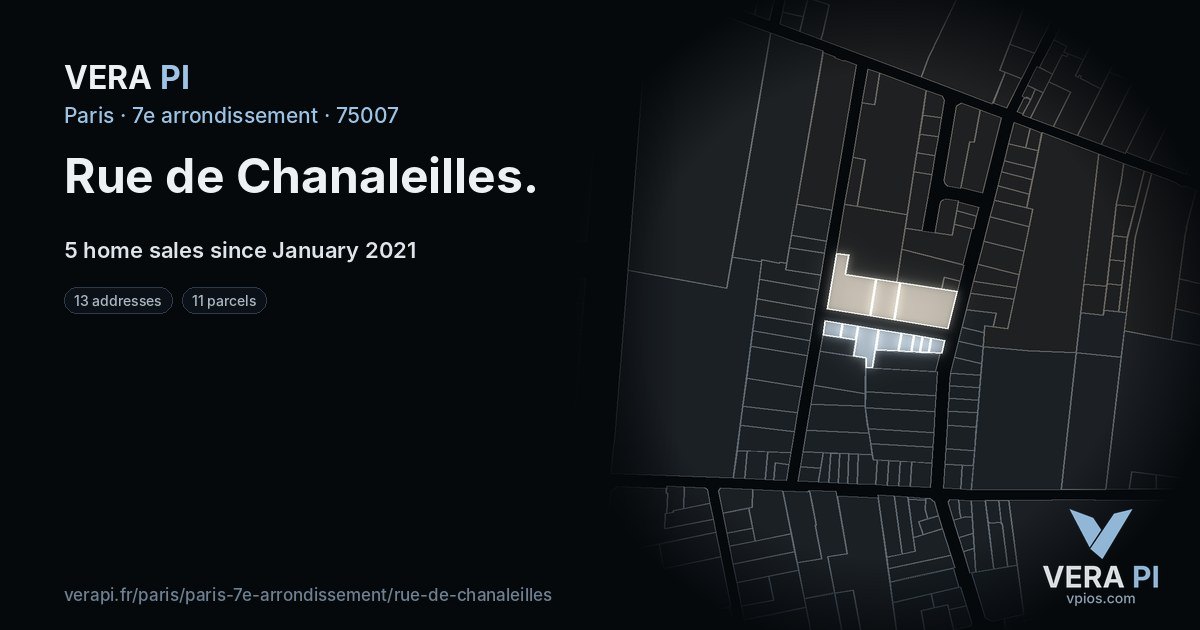 Rue de Chanaleilles, 7e arrondissement at night – every parcel coloured by the prices around it, the street's own parcels lit