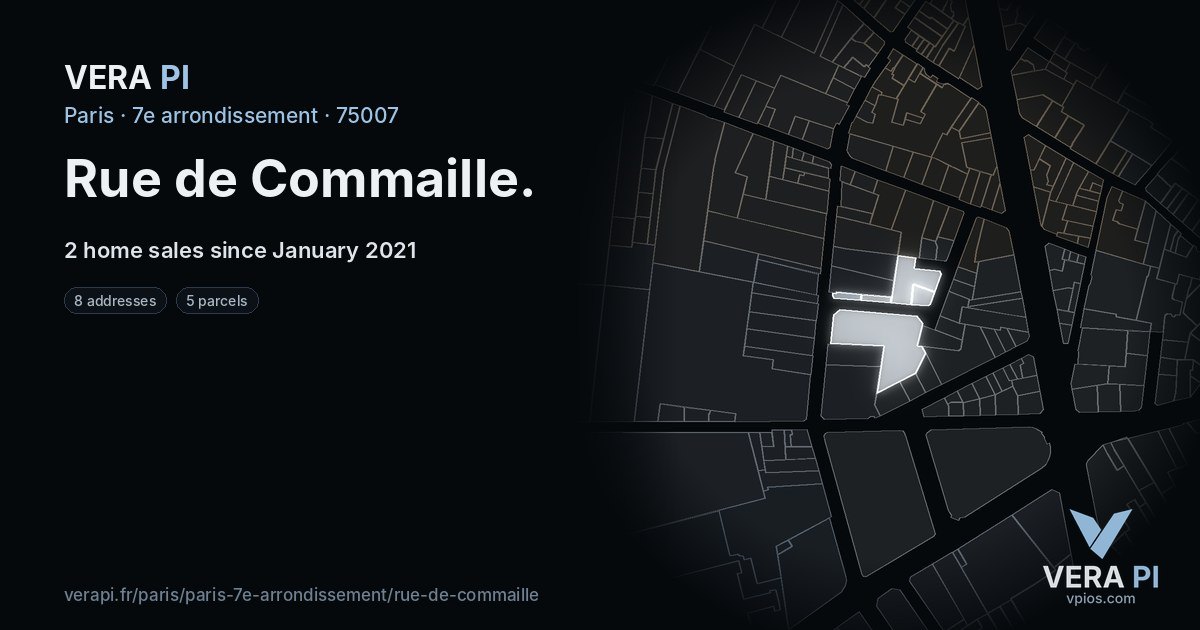 Rue de Commaille, 7e arrondissement at night – every parcel coloured by the prices around it, the street's own parcels lit