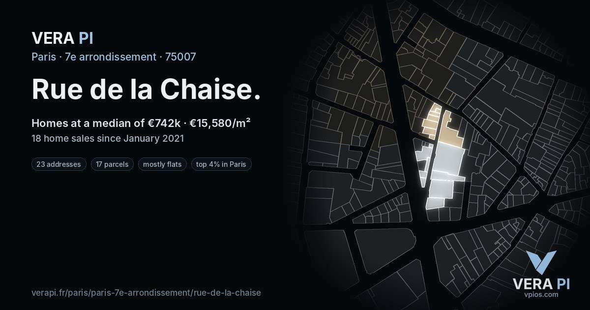 Rue de la Chaise, 7e arrondissement at night – every parcel coloured by the prices around it, the street's own parcels lit