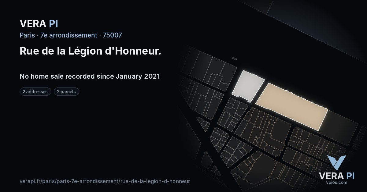 Rue de la Légion d'Honneur, 7e arrondissement at night – every parcel coloured by the prices around it, the street's own parcels lit