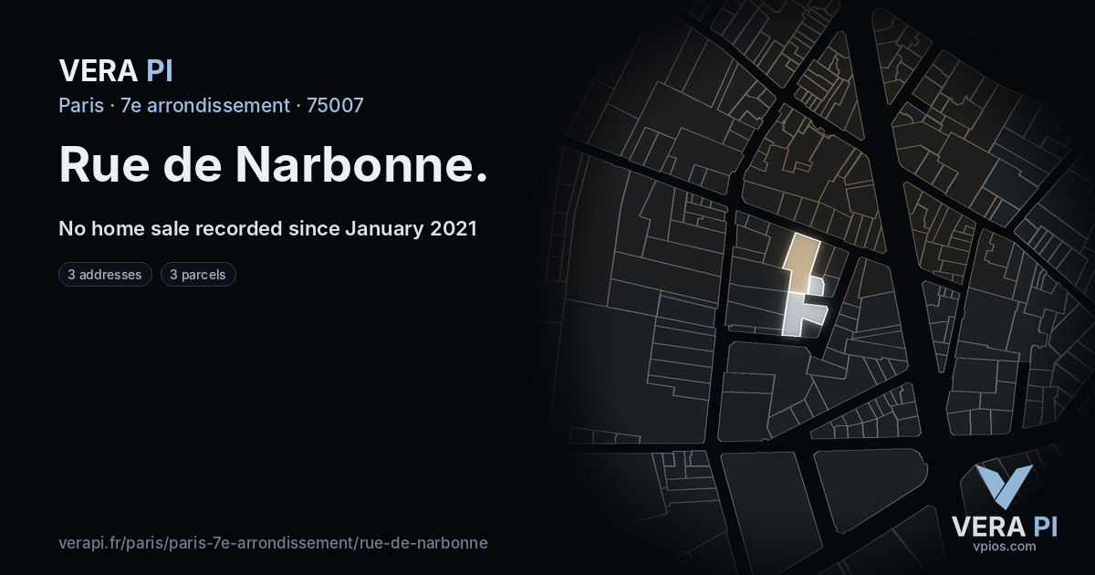 Rue de Narbonne, 7e arrondissement at night – every parcel coloured by the prices around it, the street's own parcels lit