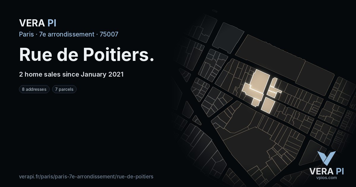Rue de Poitiers, 7e arrondissement at night – every parcel coloured by the prices around it, the street's own parcels lit
