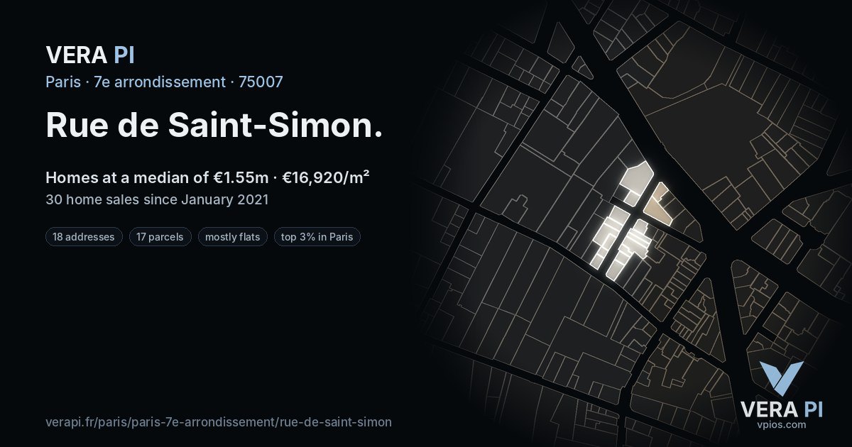 Rue de Saint-Simon, 7e arrondissement at night – every parcel coloured by the prices around it, the street's own parcels lit