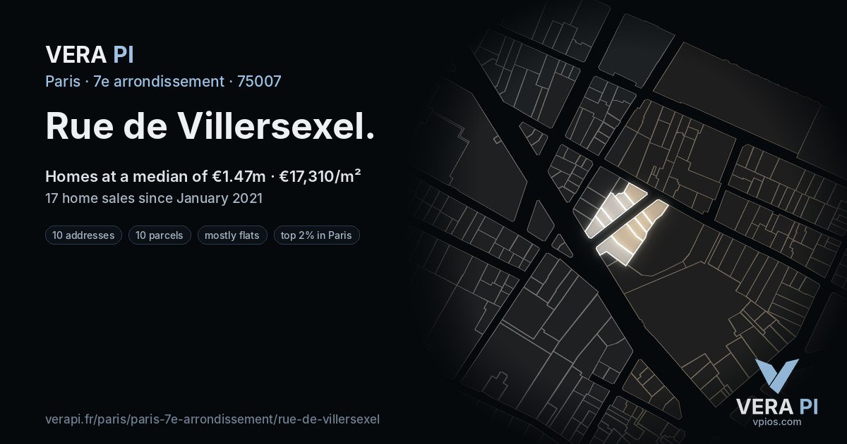 Rue de Villersexel, 7e arrondissement at night – every parcel coloured by the prices around it, the street's own parcels lit