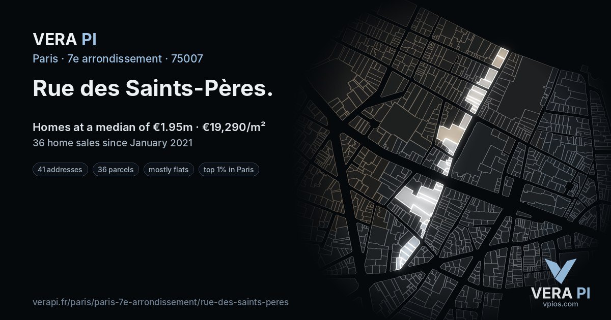Rue des Saints-Pères, 7e arrondissement at night – every parcel coloured by the prices around it, the street's own parcels lit