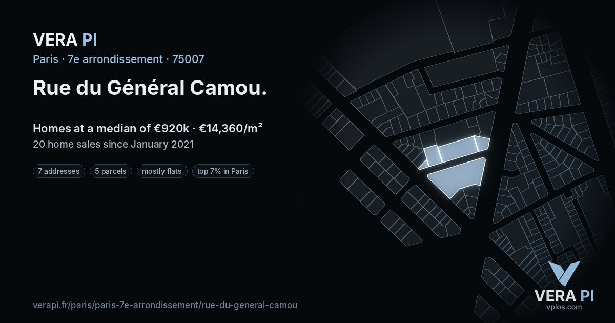 Rue du Général Camou, 7e arrondissement at night – every parcel coloured by the prices around it, the street's own parcels lit