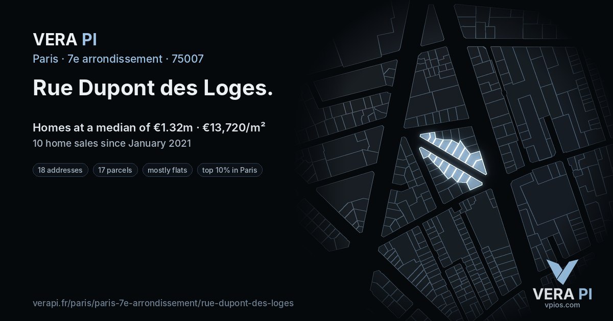 Rue Dupont des Loges, 7e arrondissement at night – every parcel coloured by the prices around it, the street's own parcels lit
