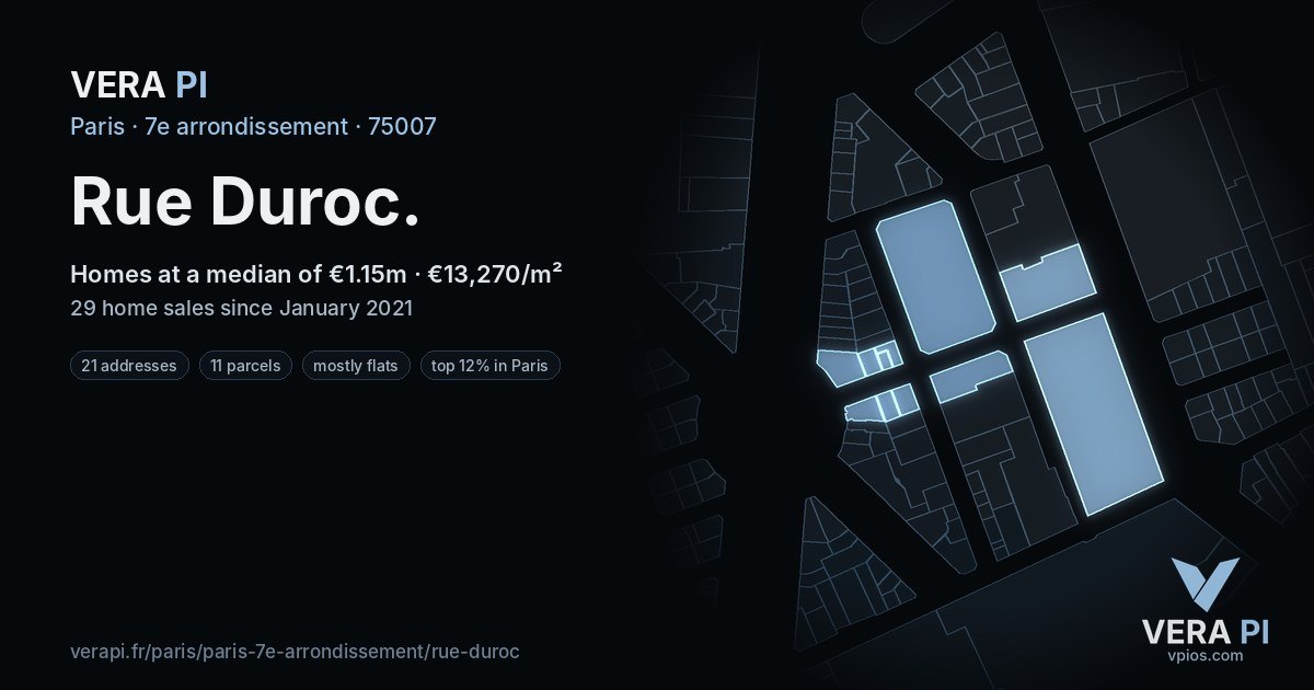 Rue Duroc, 7e arrondissement at night – every parcel coloured by the prices around it, the street's own parcels lit
