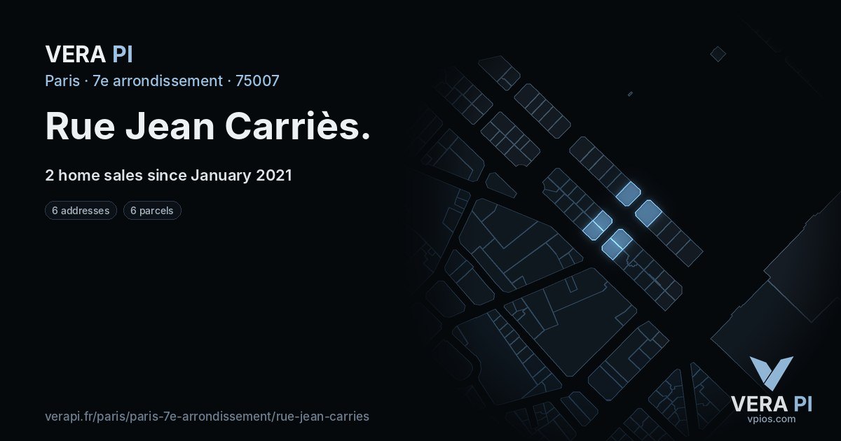 Rue Jean Carriès, 7e arrondissement at night – every parcel coloured by the prices around it, the street's own parcels lit