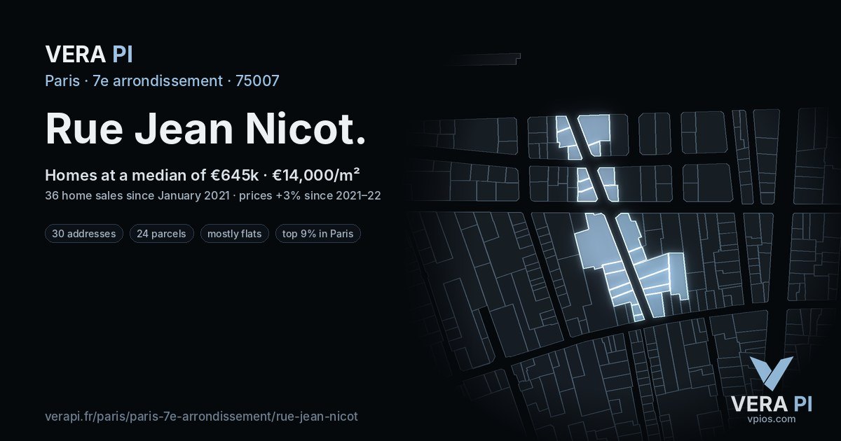 Rue Jean Nicot, 7e arrondissement at night – every parcel coloured by the prices around it, the street's own parcels lit