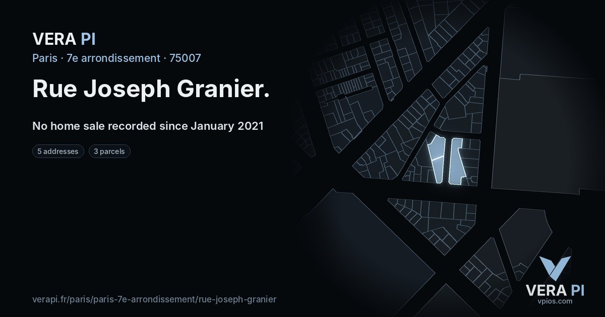 Rue Joseph Granier, 7e arrondissement at night – every parcel coloured by the prices around it, the street's own parcels lit