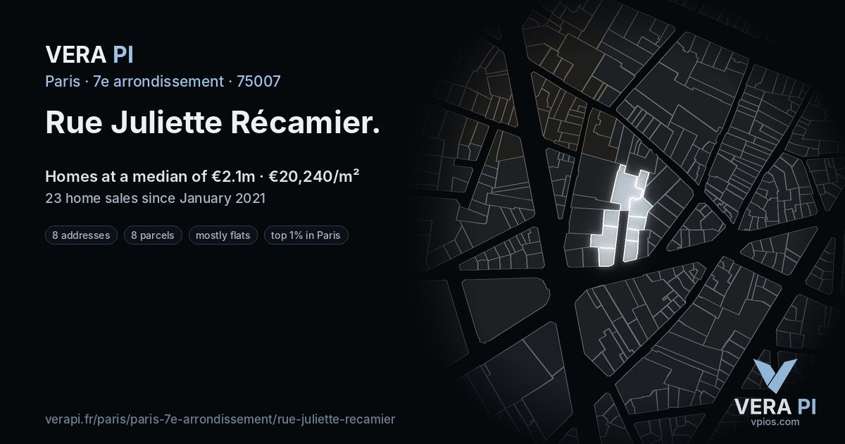 Rue Juliette Récamier, 7e arrondissement at night – every parcel coloured by the prices around it, the street's own parcels lit