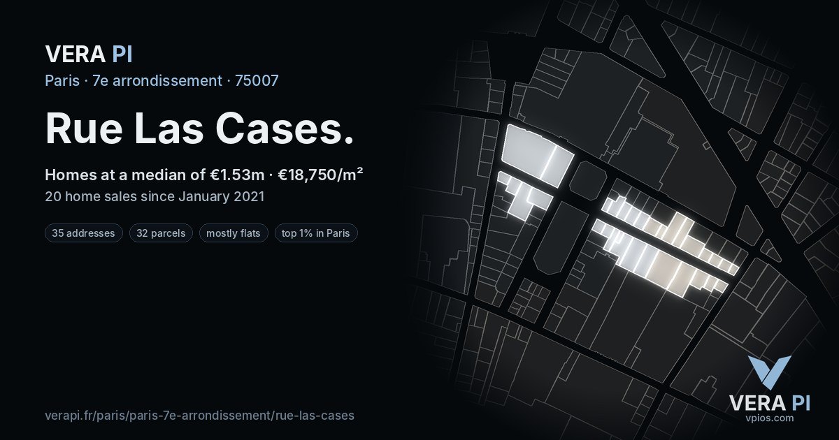 Rue Las Cases, 7e arrondissement at night – every parcel coloured by the prices around it, the street's own parcels lit