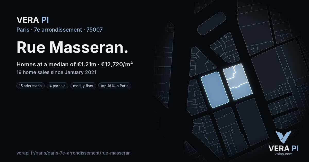 Rue Masseran, 7e arrondissement at night – every parcel coloured by the prices around it, the street's own parcels lit