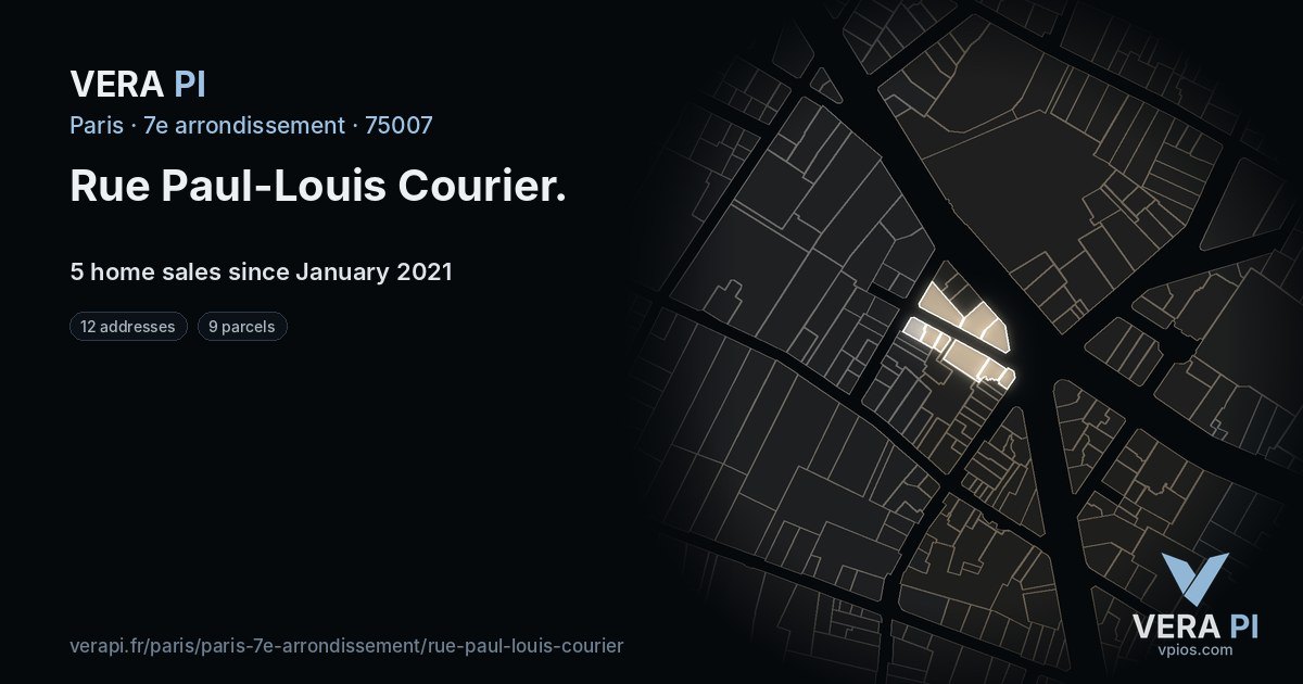 Rue Paul-Louis Courier, 7e arrondissement at night – every parcel coloured by the prices around it, the street's own parcels lit