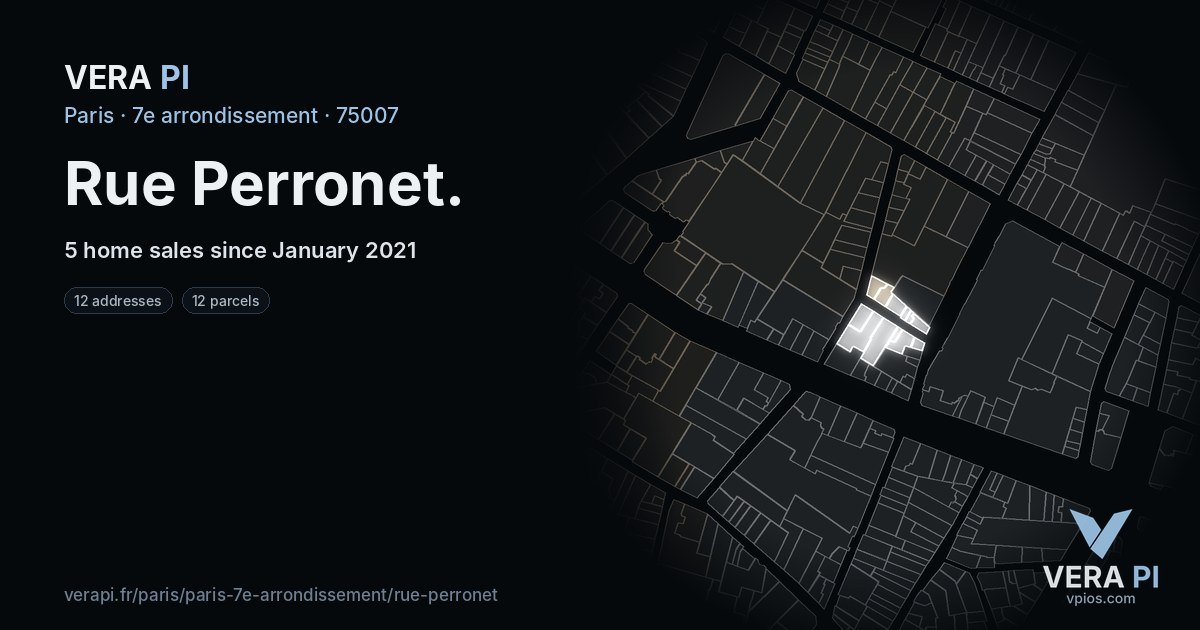 Rue Perronet, 7e arrondissement at night – every parcel coloured by the prices around it, the street's own parcels lit