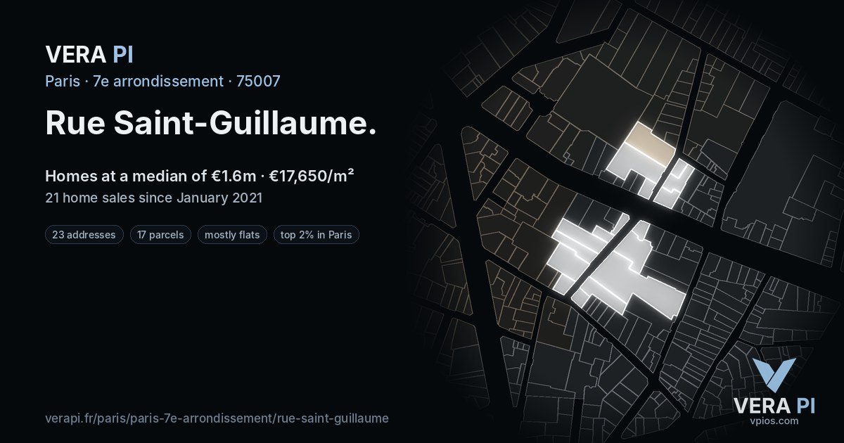 Rue Saint-Guillaume, 7e arrondissement at night – every parcel coloured by the prices around it, the street's own parcels lit