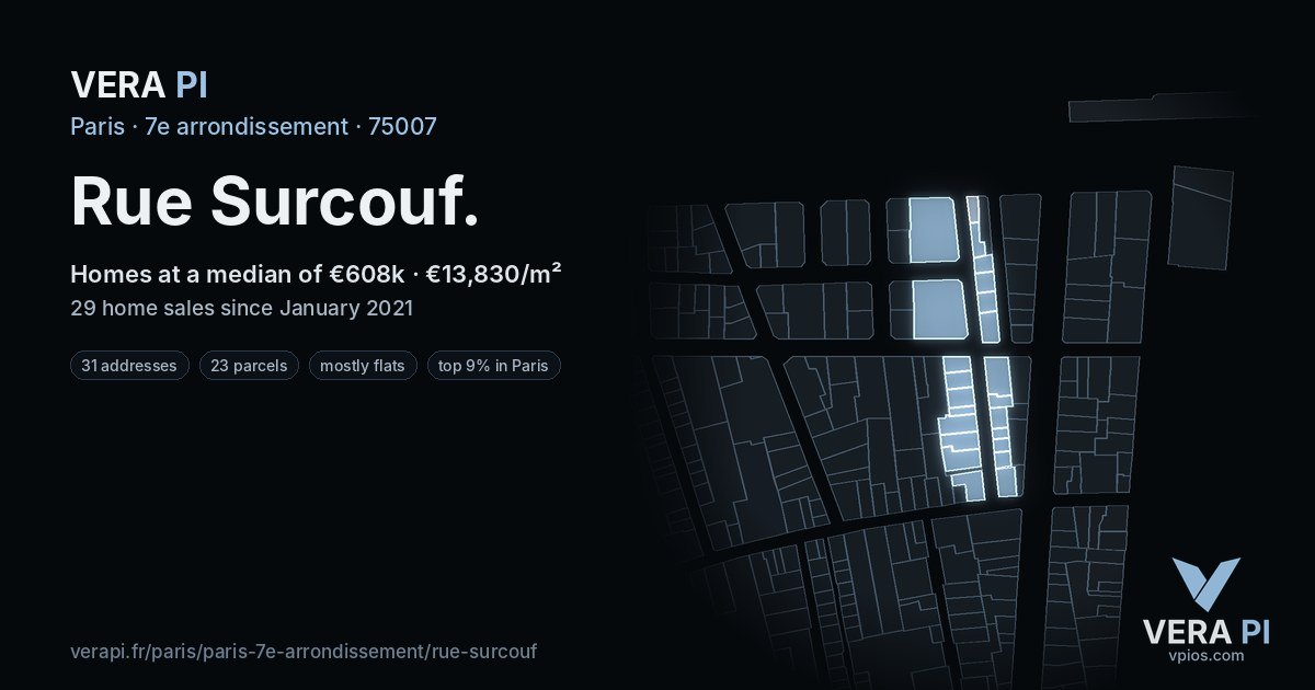 Rue Surcouf, 7e arrondissement at night – every parcel coloured by the prices around it, the street's own parcels lit