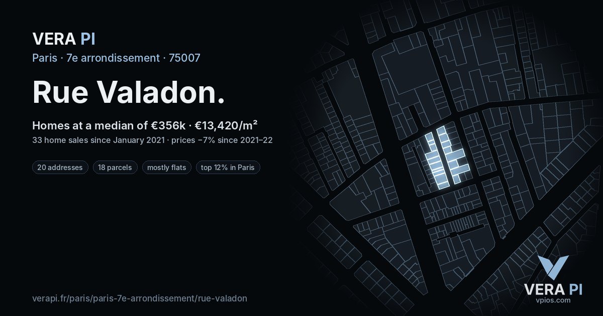 Rue Valadon, 7e arrondissement at night – every parcel coloured by the prices around it, the street's own parcels lit