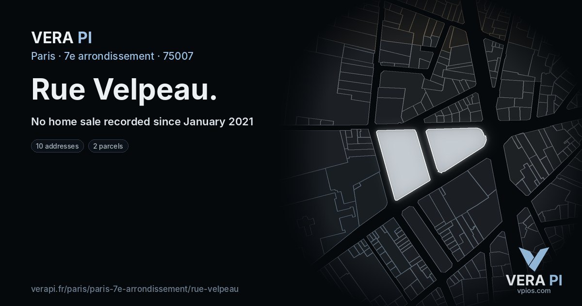 Rue Velpeau, 7e arrondissement at night – every parcel coloured by the prices around it, the street's own parcels lit