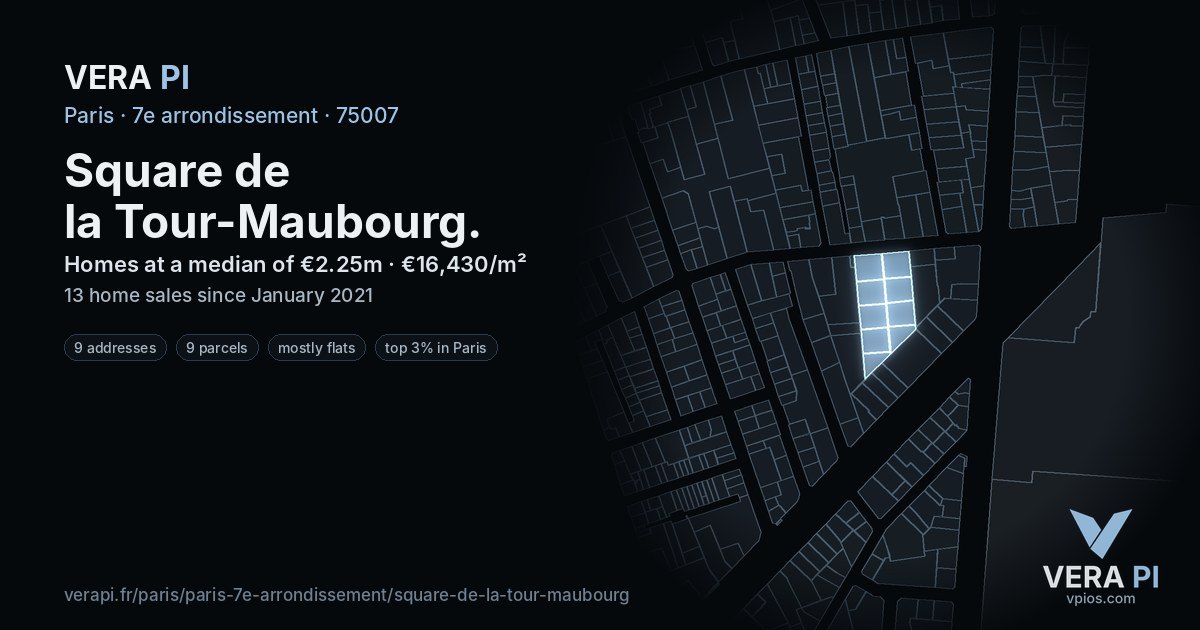 Square de la Tour-Maubourg, 7e arrondissement at night – every parcel coloured by the prices around it, the street's own parcels lit