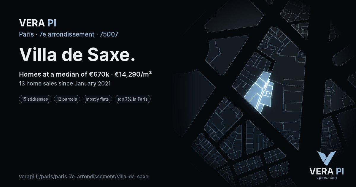 Villa de Saxe, 7e arrondissement at night – every parcel coloured by the prices around it, the street's own parcels lit