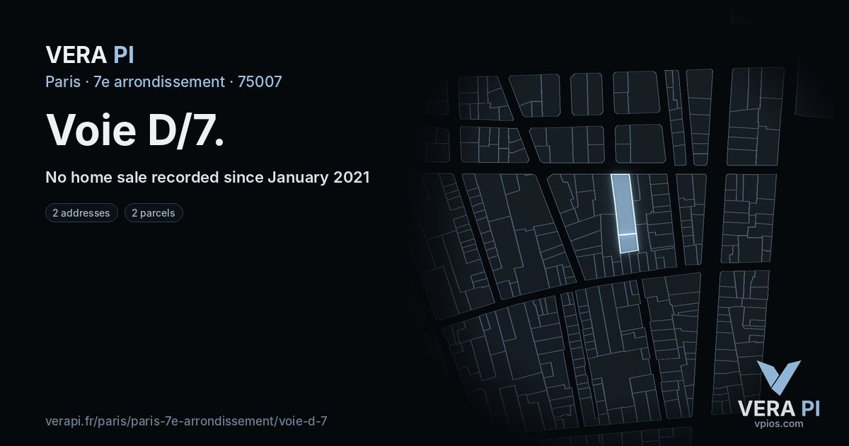 Voie D/7, 7e arrondissement at night – every parcel coloured by the prices around it, the street's own parcels lit