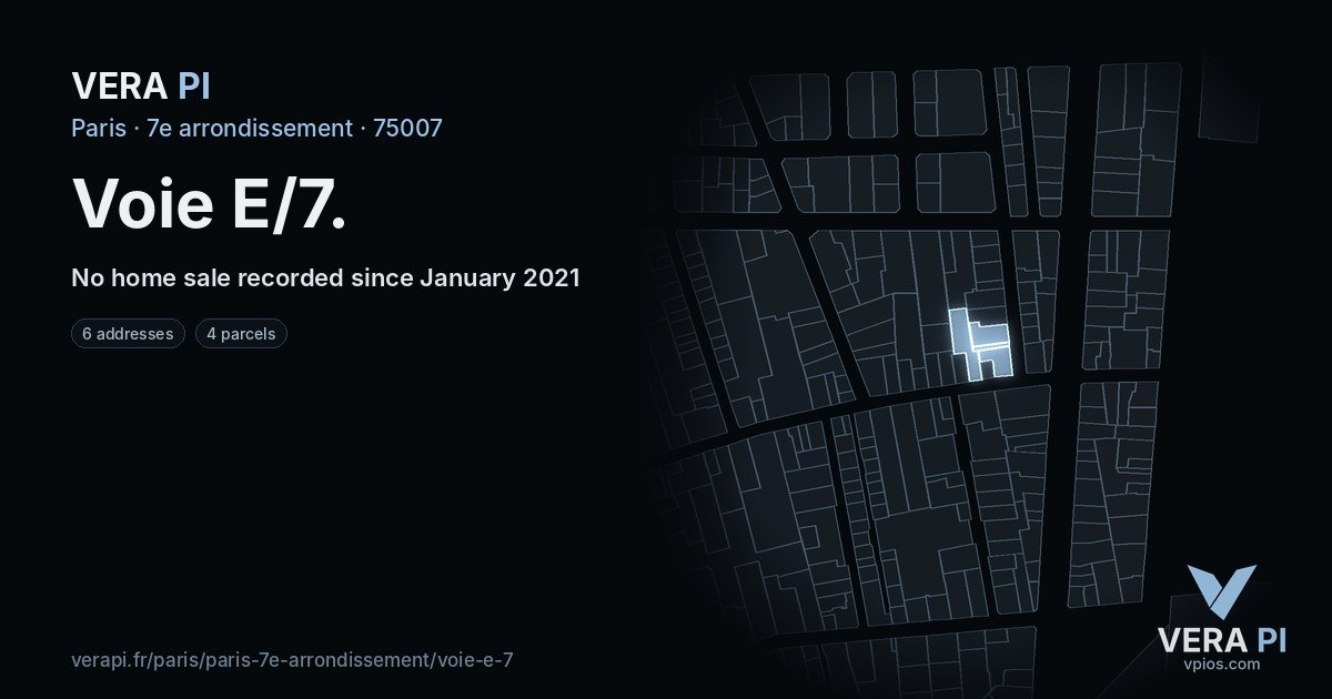 Voie E/7, 7e arrondissement at night – every parcel coloured by the prices around it, the street's own parcels lit