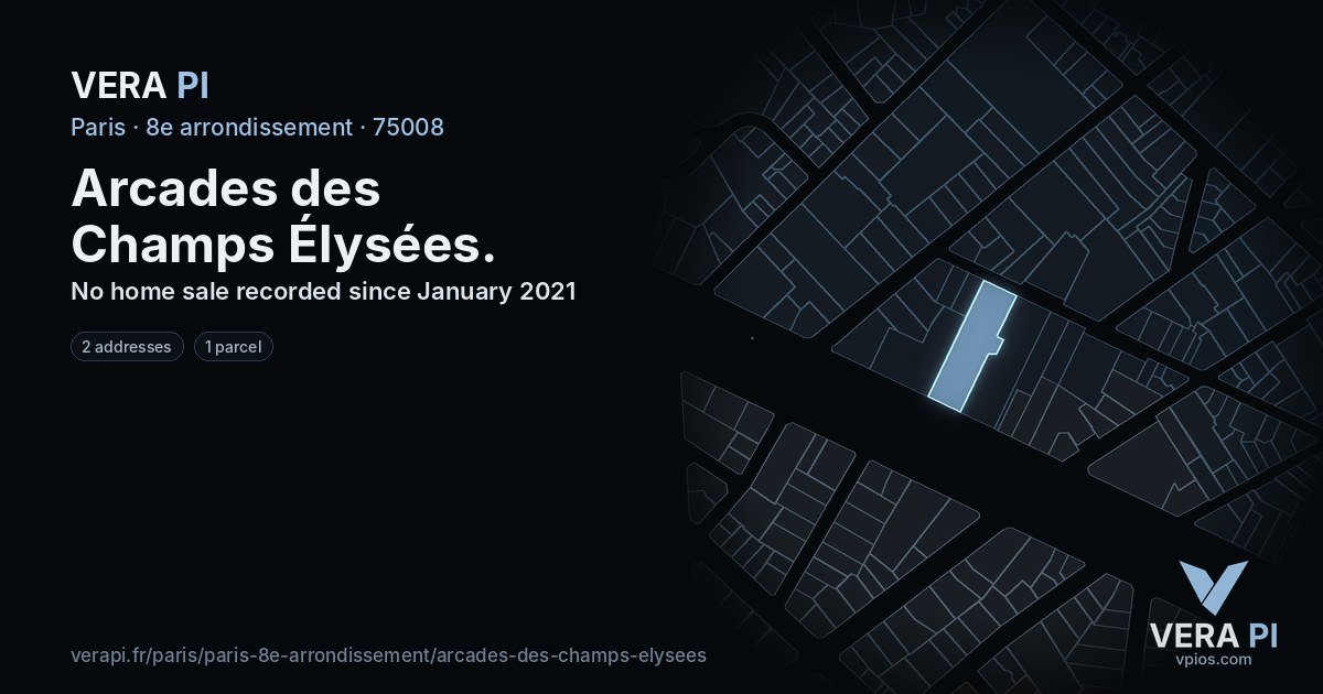 Arcades des Champs Élysées, 8e arrondissement at night – every parcel coloured by the prices around it, the street's own parcels lit