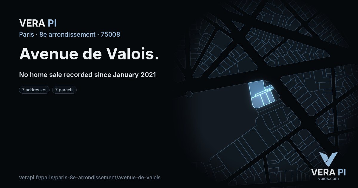 Avenue de Valois, 8e arrondissement at night – every parcel coloured by the prices around it, the street's own parcels lit